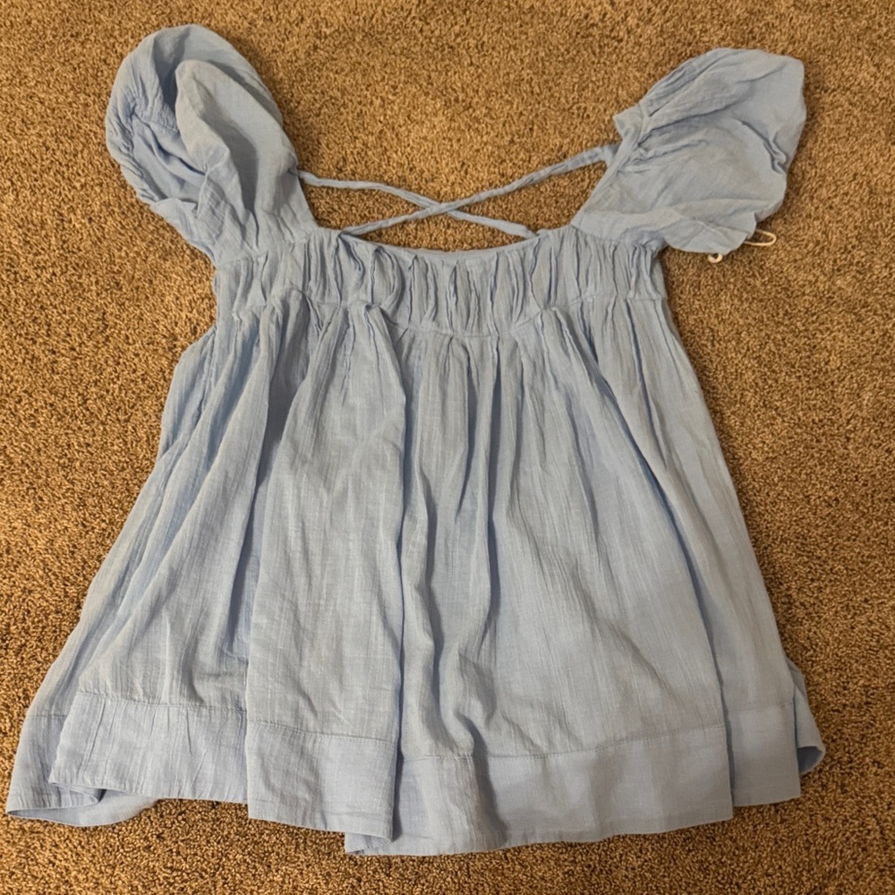 Free People Light Blue Puff Sleeve Blouse